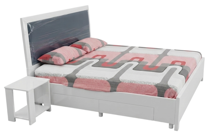 Bed with bedside table at Alpha Furniture, JP Nagar