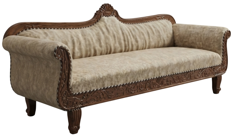 Carved wood-frame sofa at Alpha Furniture, JP Nagar